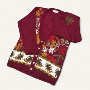Vintage 90s Y2K Harvest Thanksgiving Burgundy Wool Blend Cardigan Casual Corner